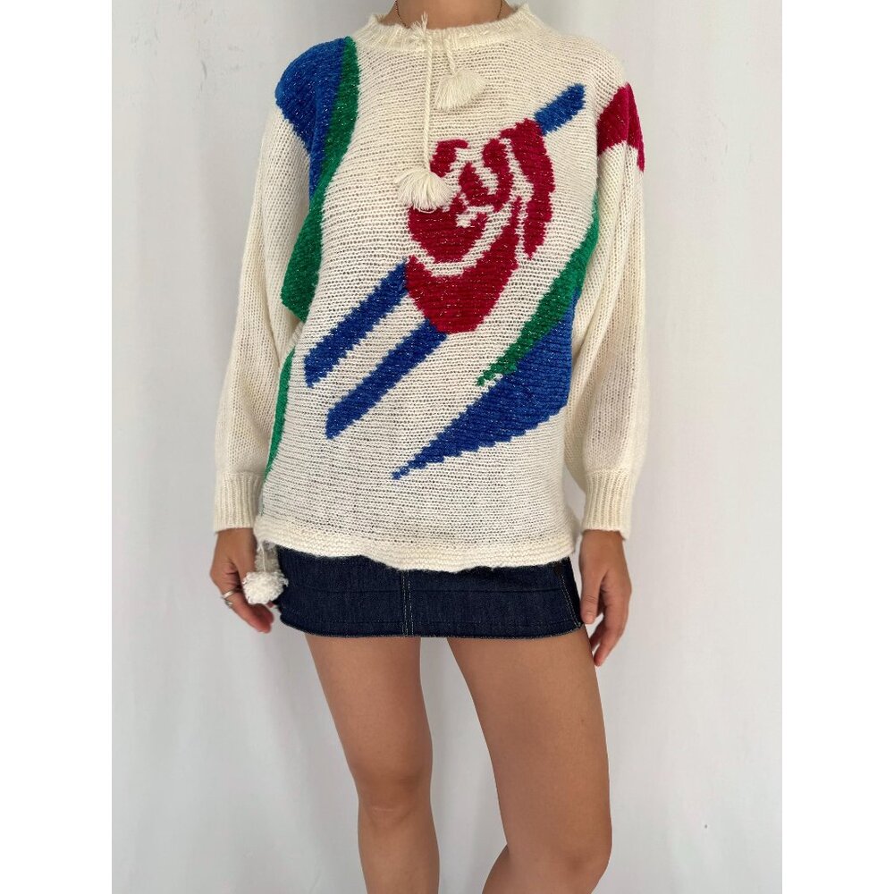 80s vintage colorful sparkly floral abstract print knit sweater with pom poms - Picture 3 of 10